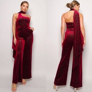FEW LEFT "Live in The Moment" Burgundy Velvet Glitter Scarf Jumpsuit